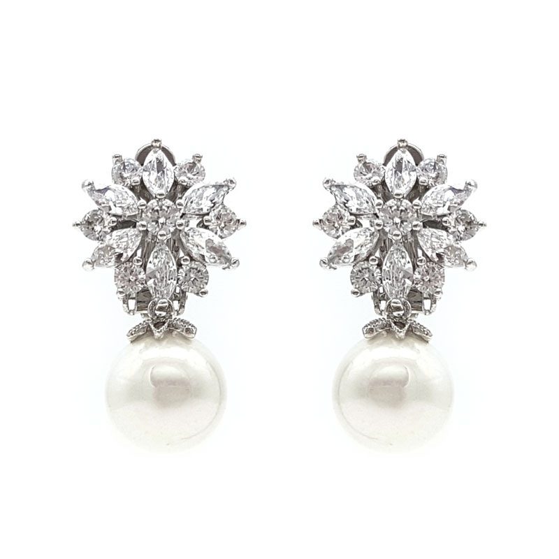 silver pearl clip on drop earrings