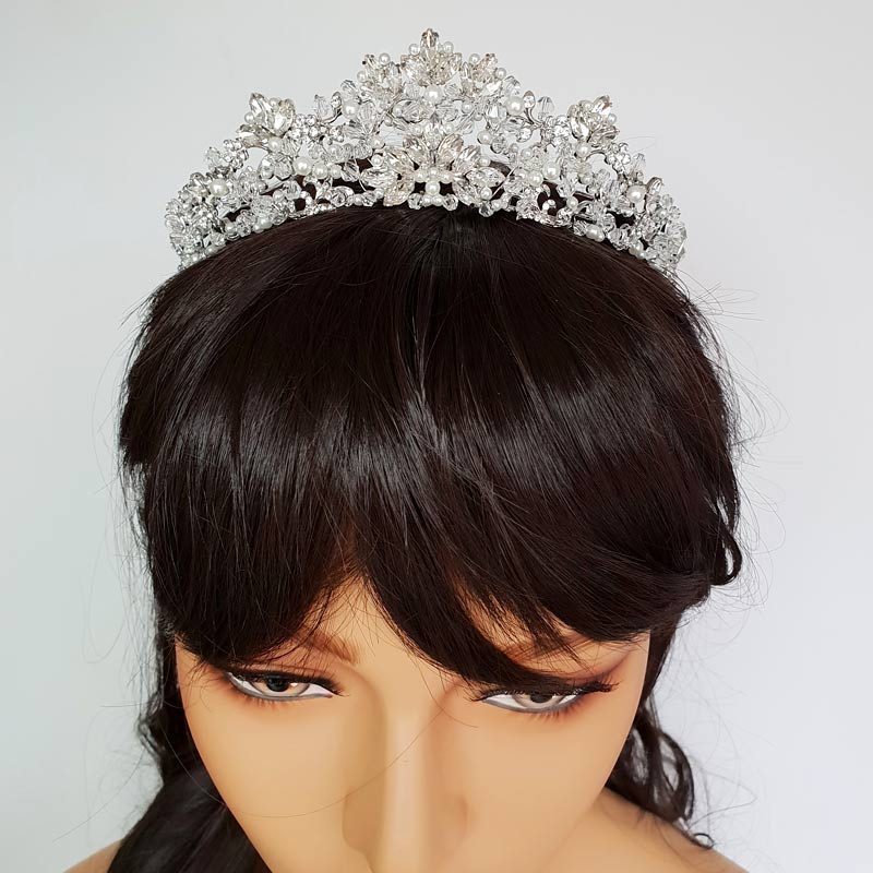 silver pearl and crystal bridal hair crown