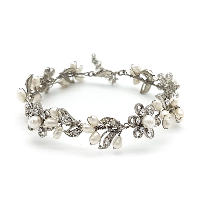 silver pearl and floral bracelet