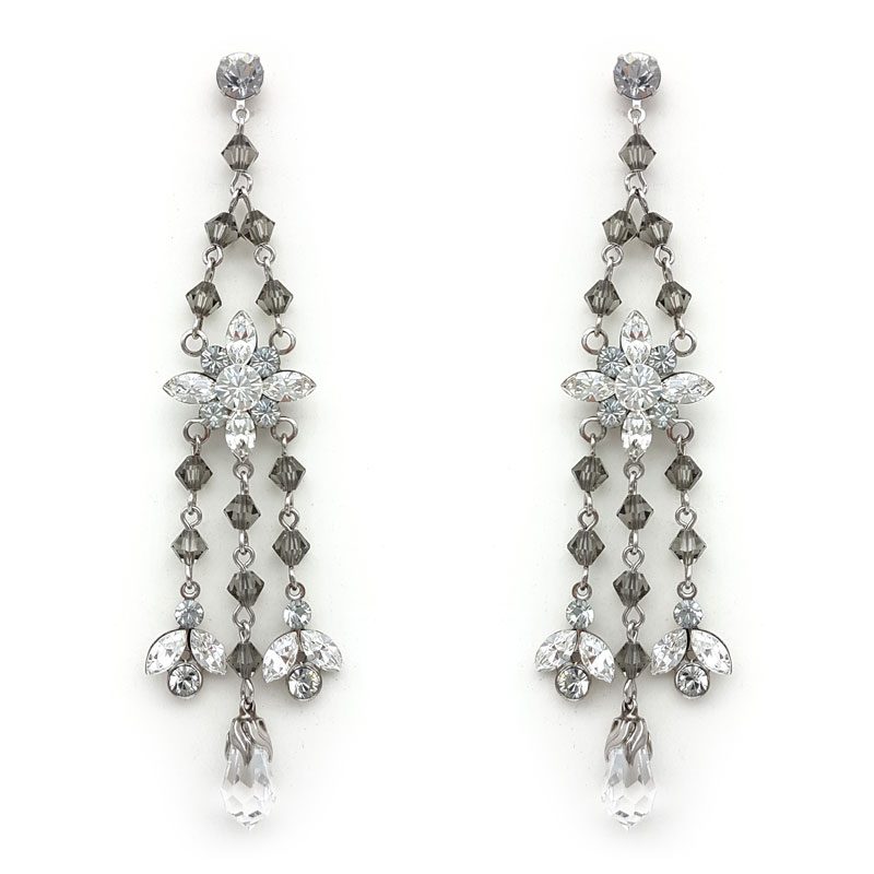 grey swarovski crystal long drop earrings