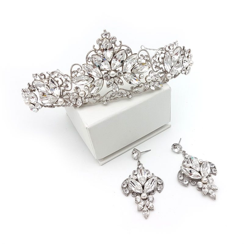 swarovski pearl and crystal bridal crown and earring set