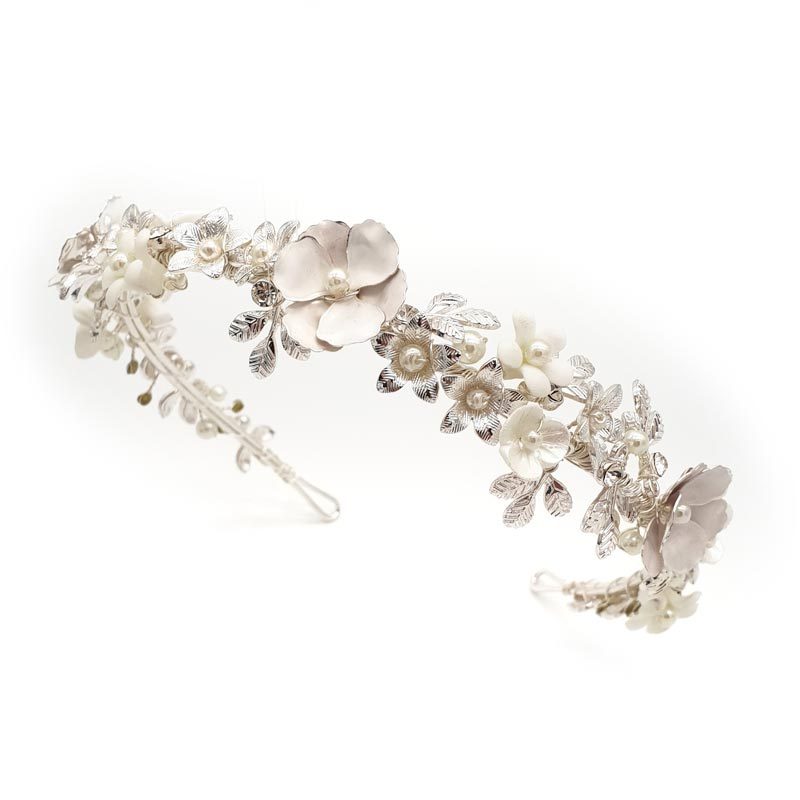 silver floral pearl headband