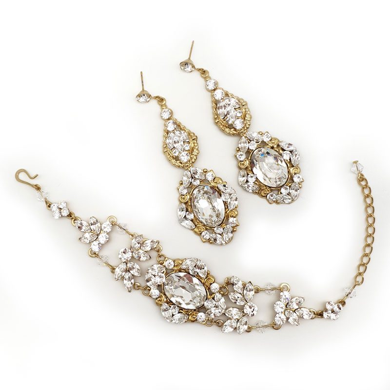 gold crystal bracelet and earring set