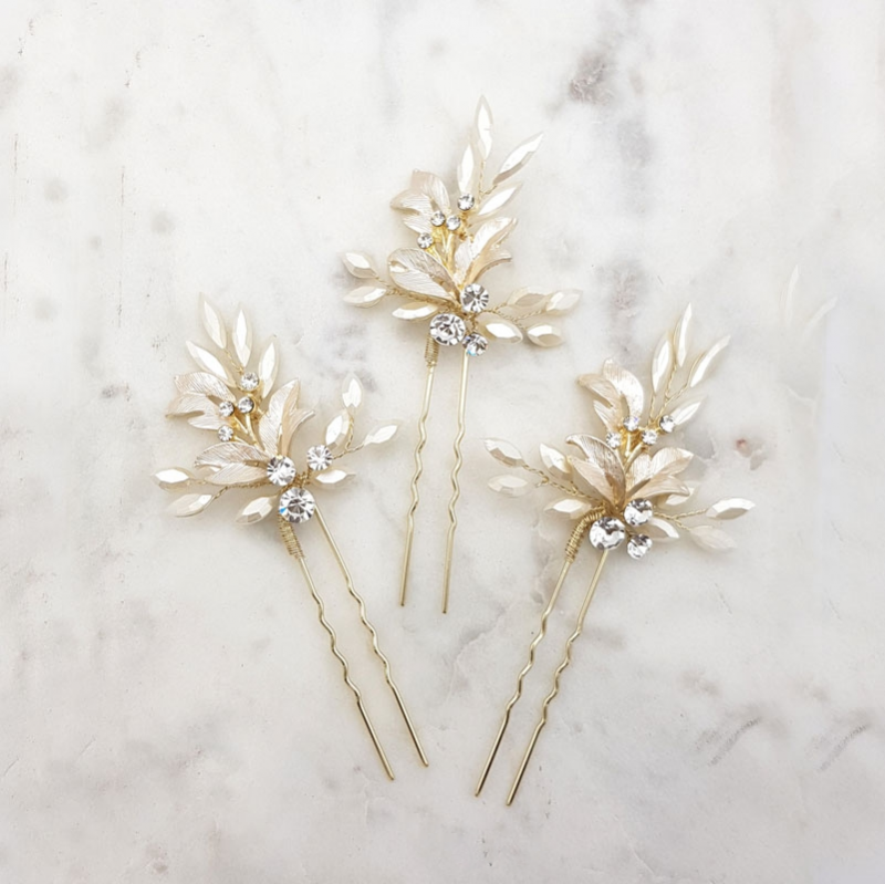 gold crystal and leaf hair pin