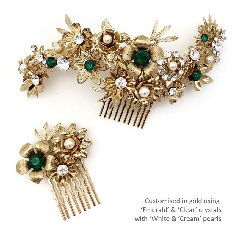 bespoke gold crystal and pearl hair combs