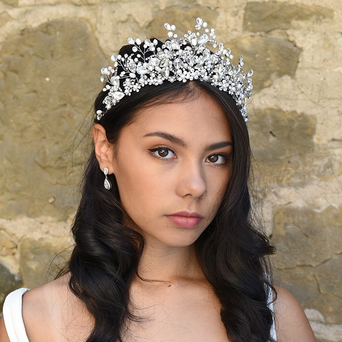 Silver pearl and crystal bridal crown