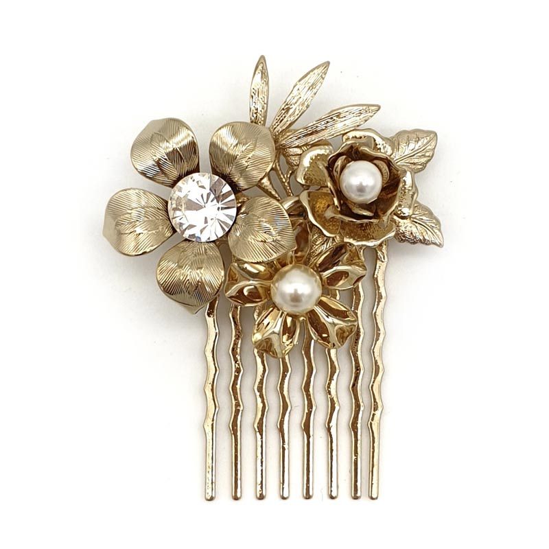 Gold Floral Pearl and Crystal Hair Comb