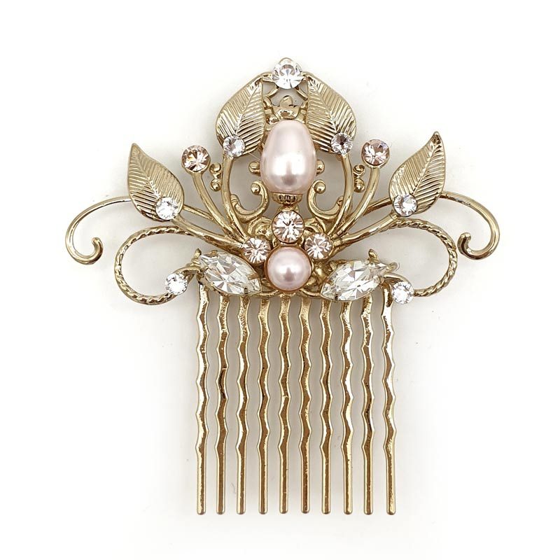 Gold and pink pearl and crystal hair comb