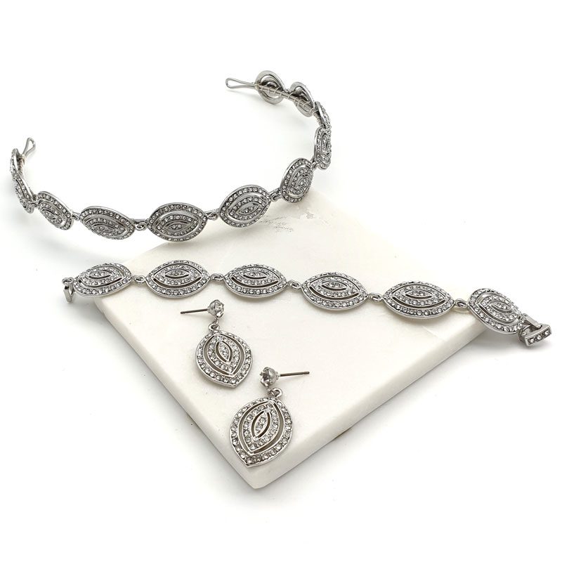 Silver art deco headband, bracelet, earrings set