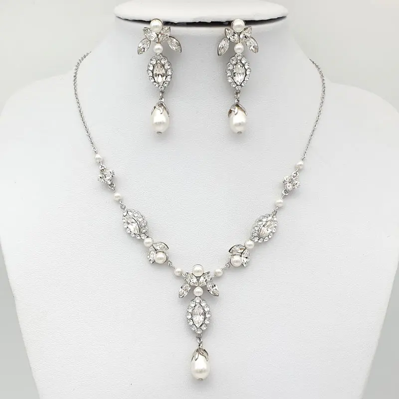 Ariel Wedding Jewellery Set, Gold Crystal Pearl Drop Pendant & Earring -  Jules Bridal USA