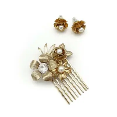 gold pearl and crystal floral comb and stud set