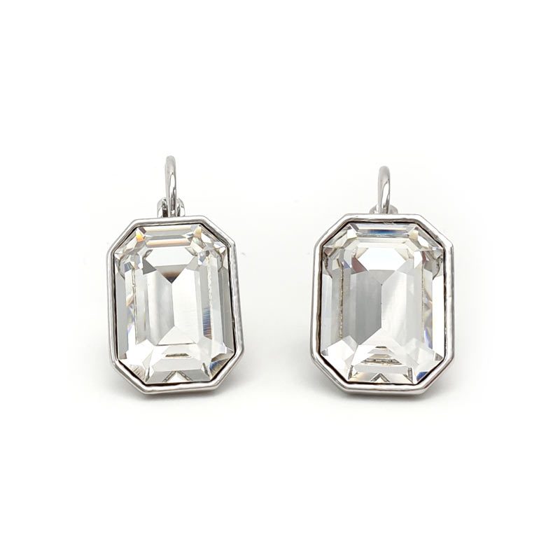 silver swarovski crystal emerald cut drop earrings