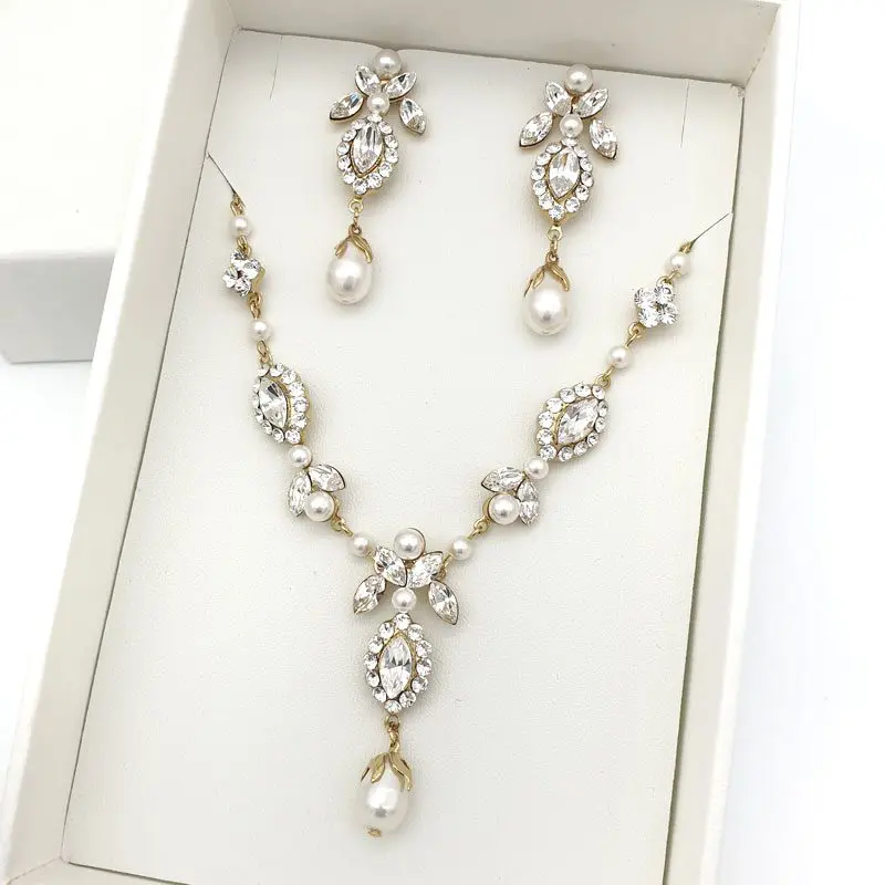 Gold pearl and crystal bridal necklace set
