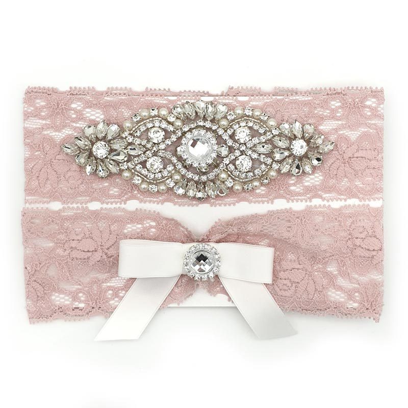 pink lace crystal garter set