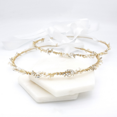 Gold freshwater pearl and crystal Greek wedding stefana