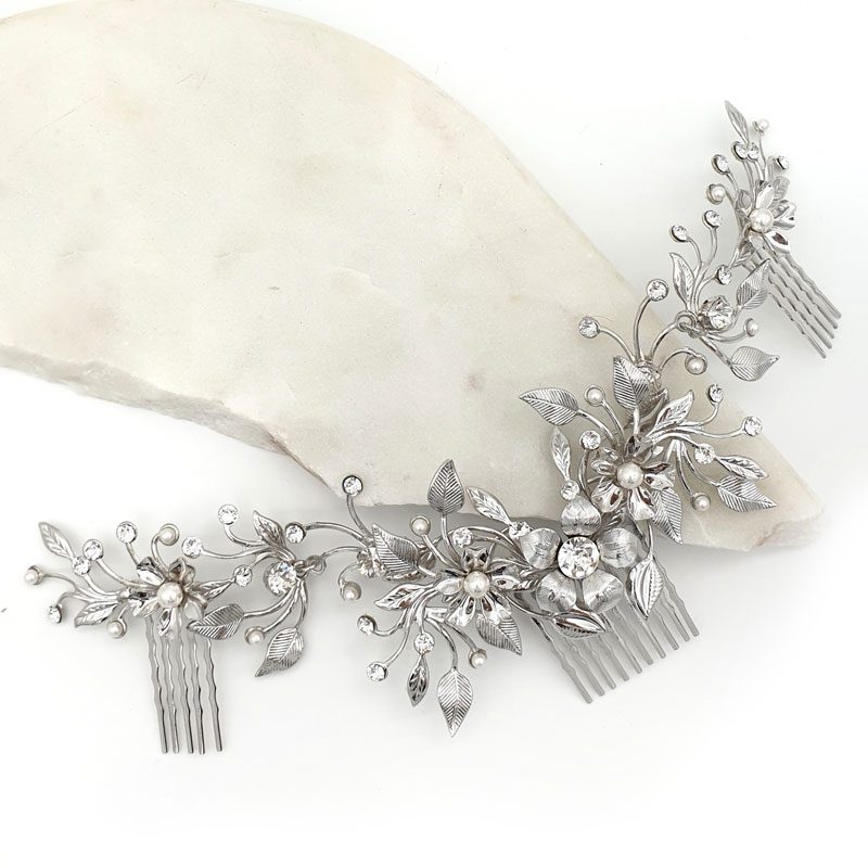 Silver pearl and crystal floral hair comb