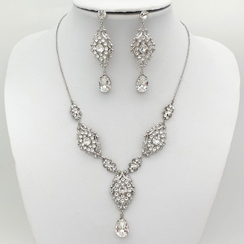 Silver Swarovski crystal bridal necklace earring set