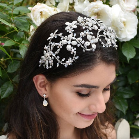 Floral opal silver bridal headband
