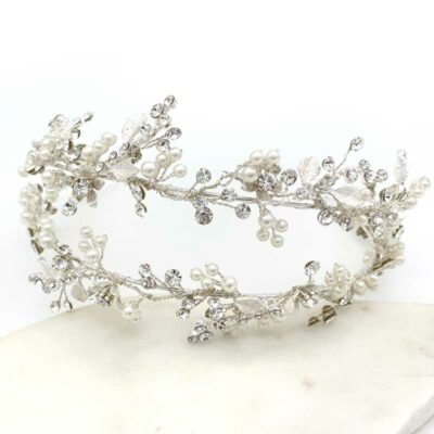 Silver pearl floral twin bridal headband