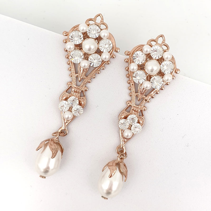Rose gold pearl and crystal bridal drop earrings