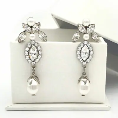 Silver pearl drop clip on bridal earrings