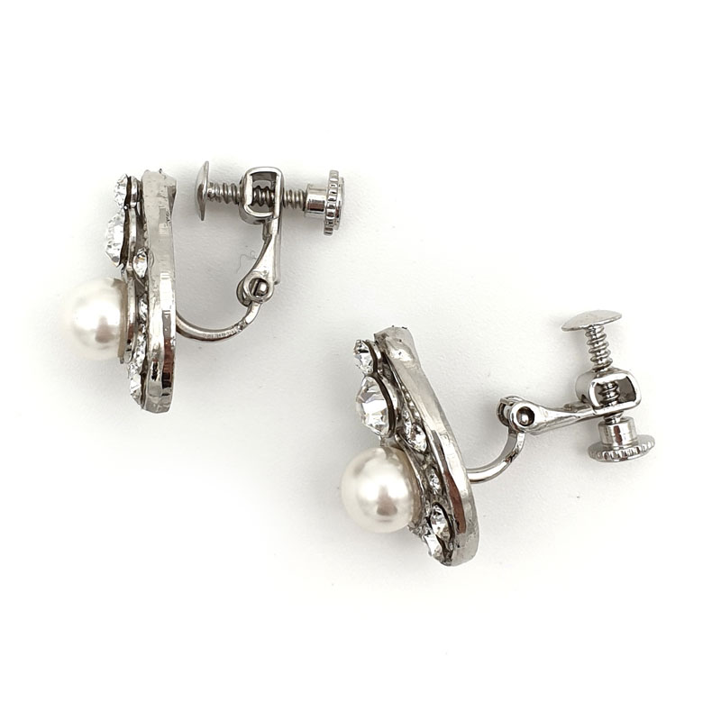 Silver pearl bridal clip on studs