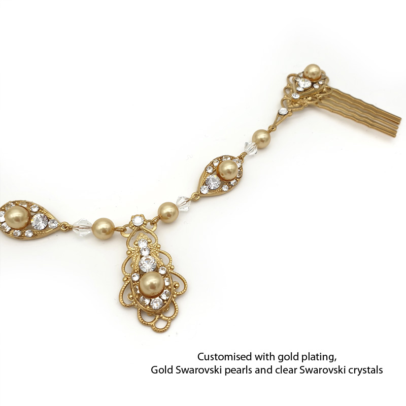 Gold pearl and crystal bridal hair vine