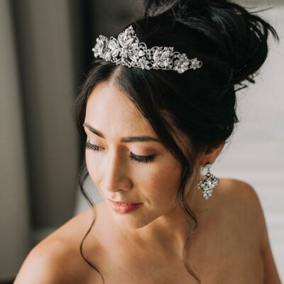 crystal and pearl bridal crown and earrings set