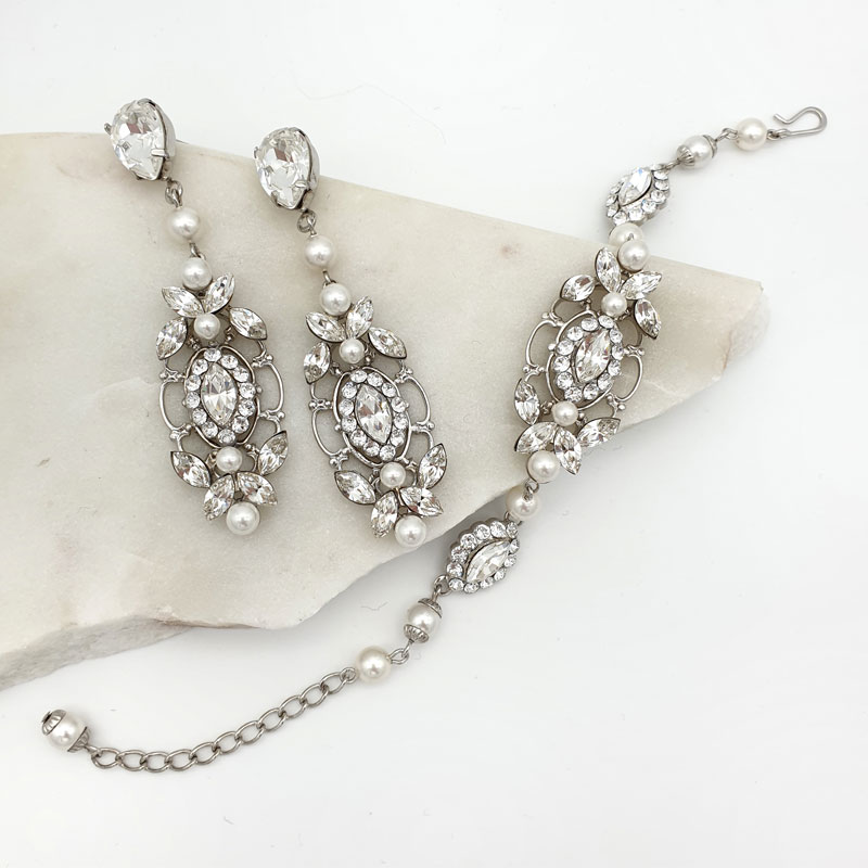 Swarovski crystal and pearl earrings and bracelet bridal set
