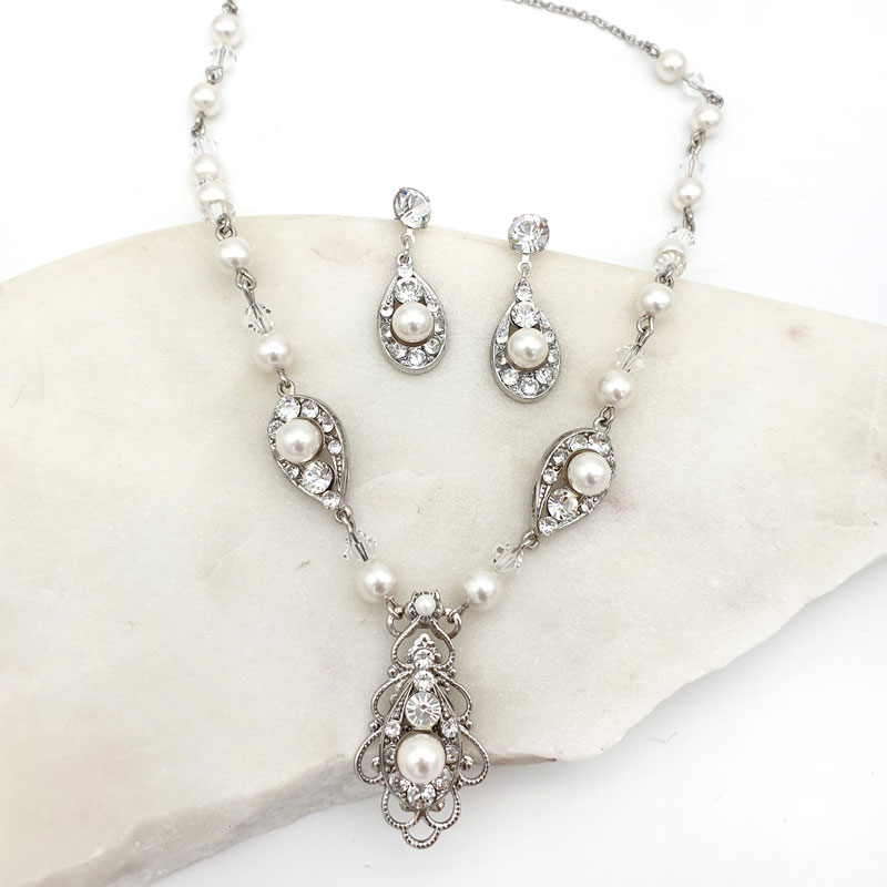 Pearl and crystal bridal necklace set