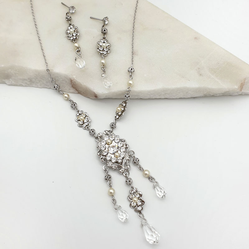 Crystal and pearl bridal necklace set