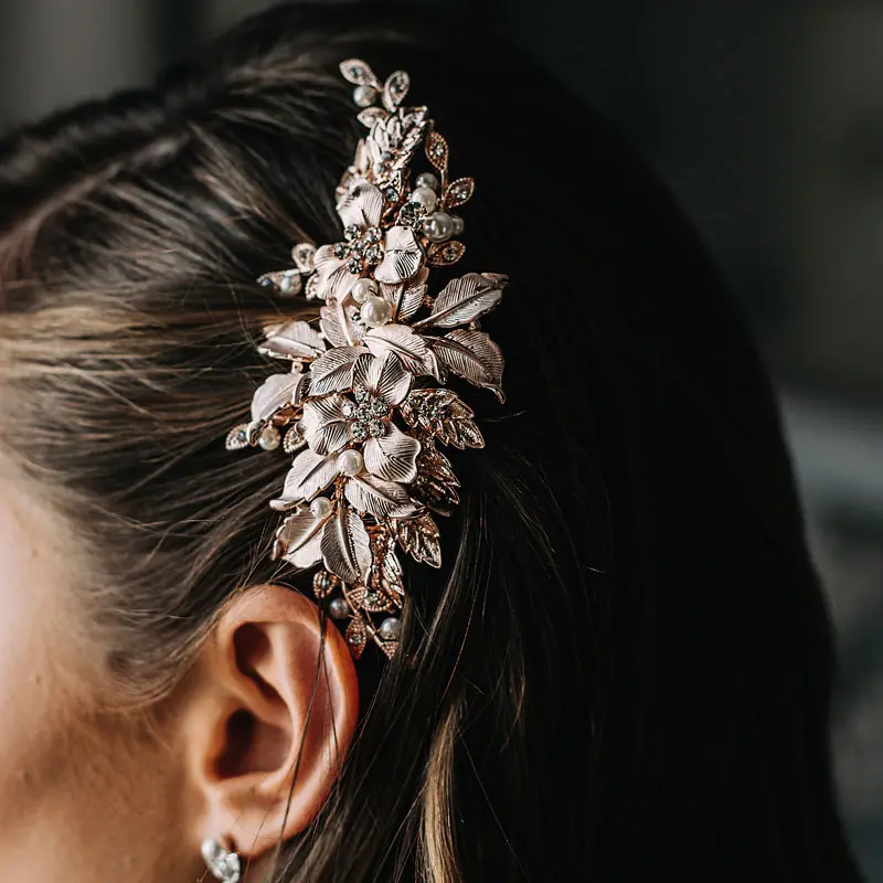 Floral rose gold bridal hair clip