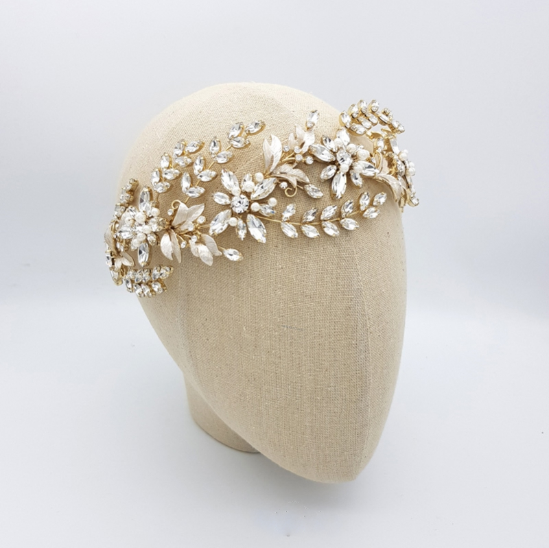 gold floral crystal and pearl headband