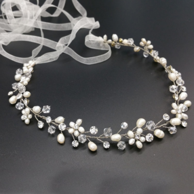 Silver pearl and crystal hair vine