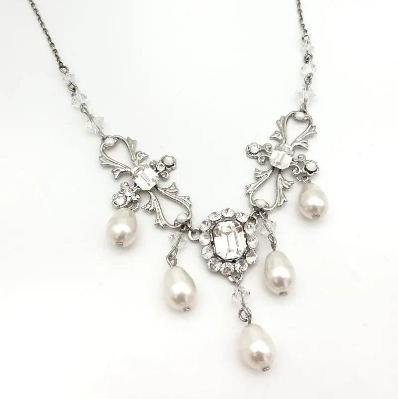 White pearl and crystal bridal necklace