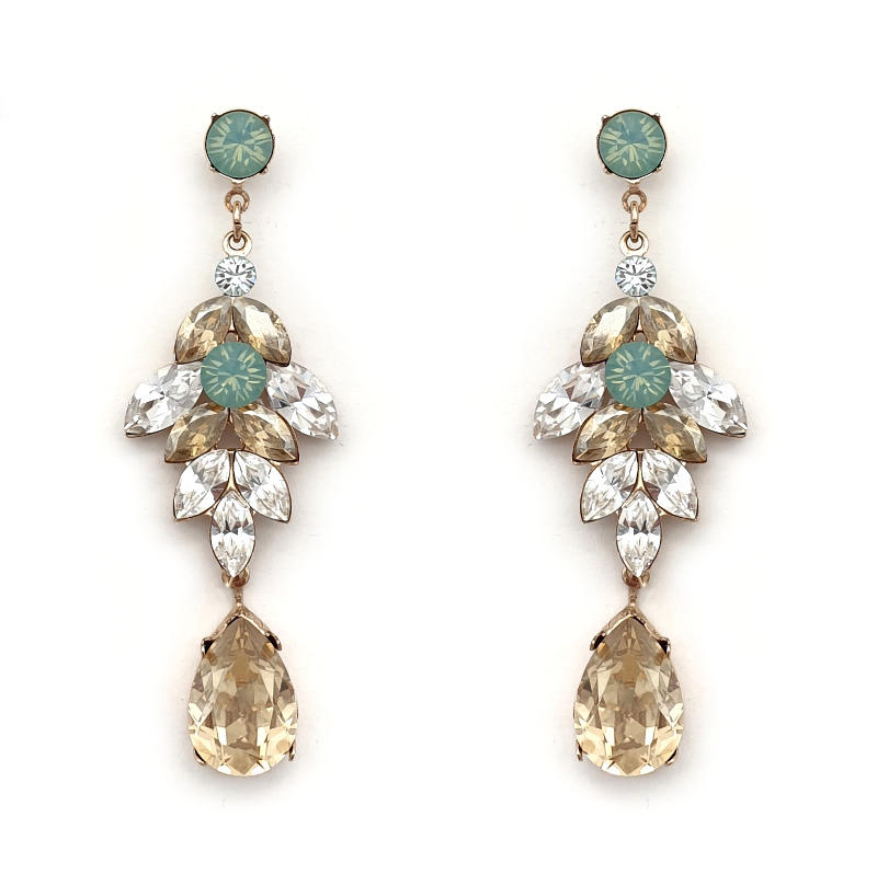 Green beige and clear crystal drop earrings
