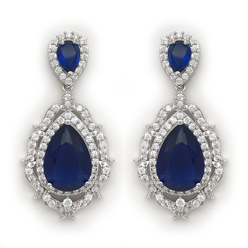 Bold sapphire blue silver drop bridal earrings