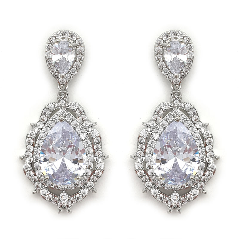 Bold silver drop bridal earrings