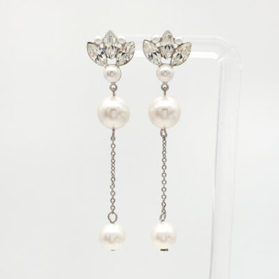 Silver pearl long drop earrings