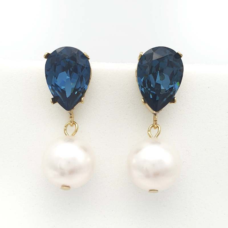 Gold Swarovski montana saphire blue crystal and white pearl Earrings