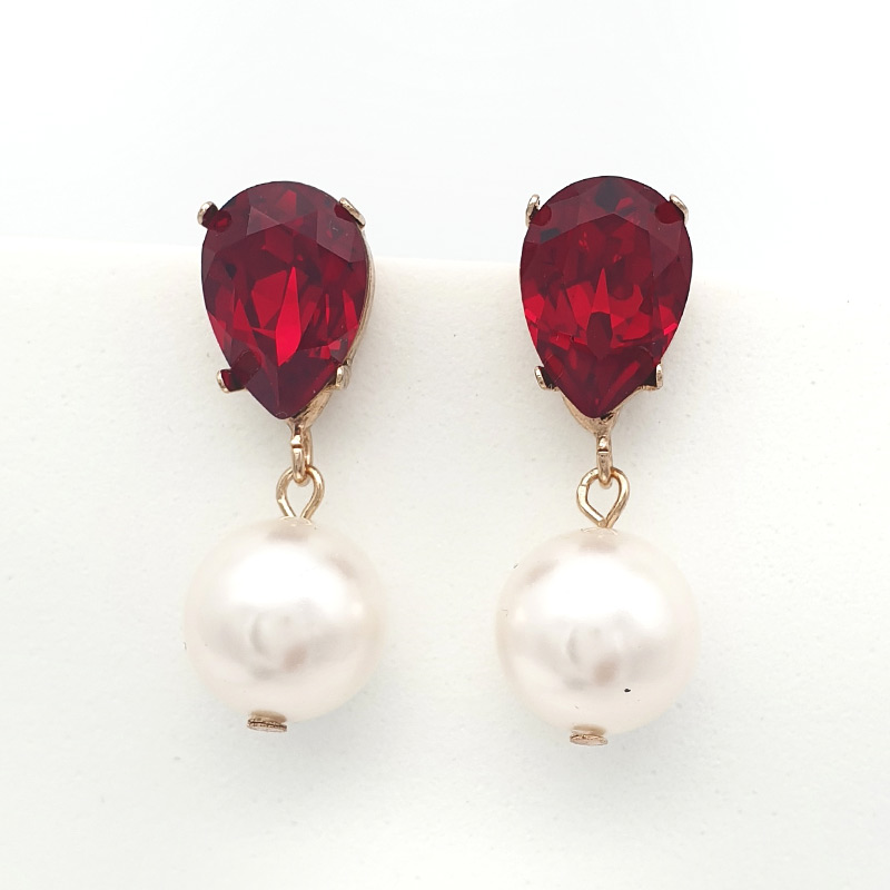 Ruby red Swarovski crystal and white pearl drop earrings