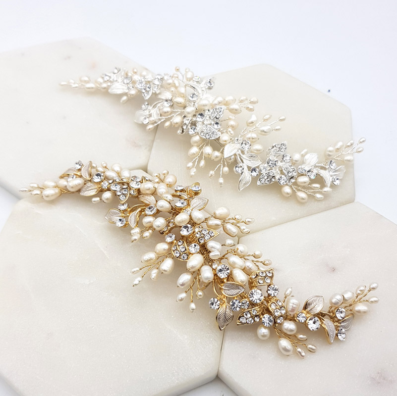Silver and gold fresh water pearl hair piece
