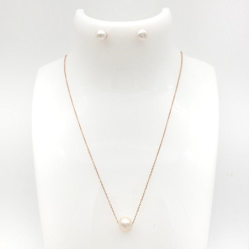Rose gold fresh water pearl pendant necklace set