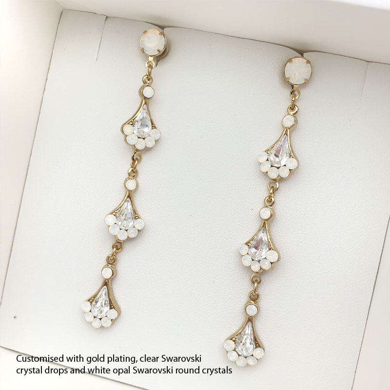Gold white opal bridal earrings