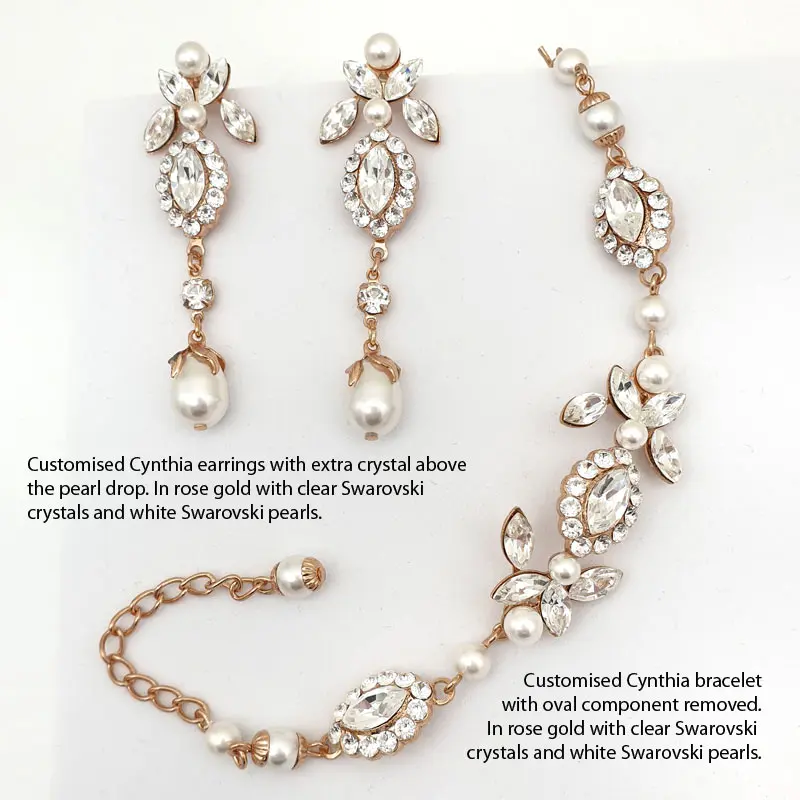 Rose gold peaarl drop earrings and bracelet set