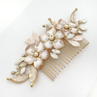 Gold floral pearl and crystal bold hair comb