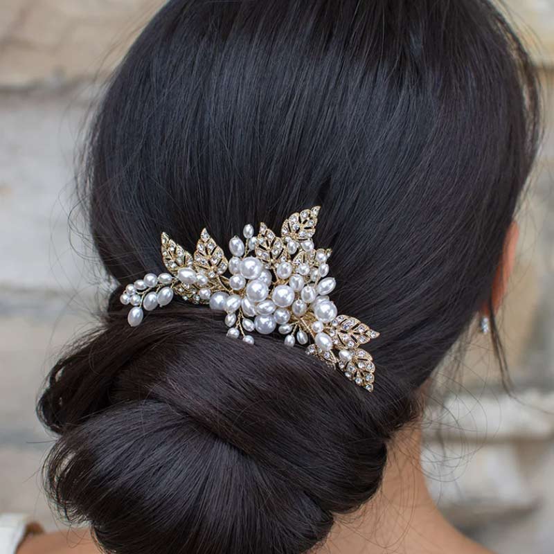 Gold leaf and fresh water pearl bridal hair comb