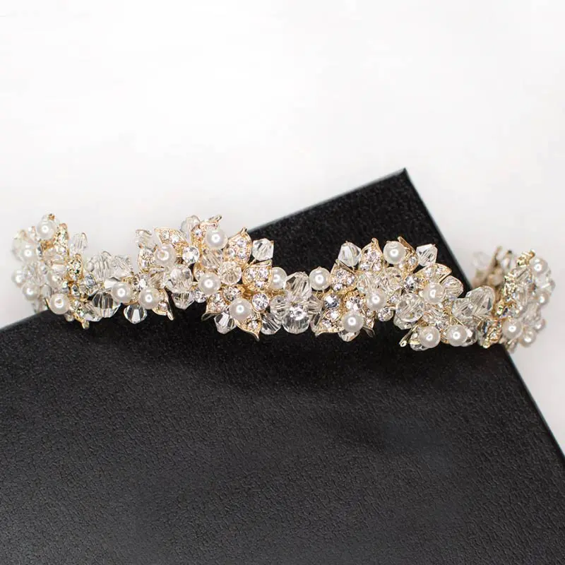 Pearl and crystal gold bridal crown