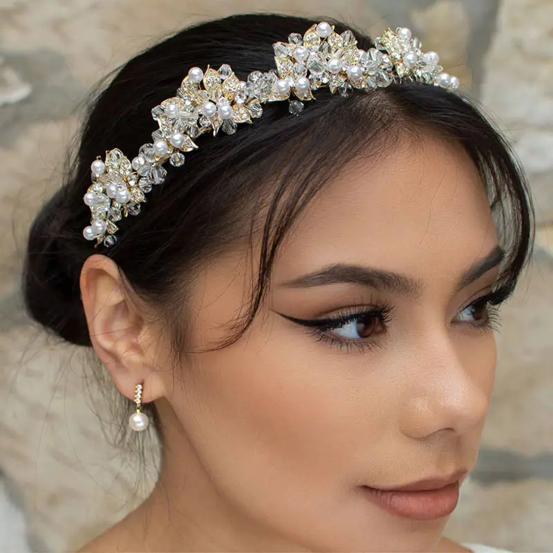 Pearl and crystal gold bridal tiara