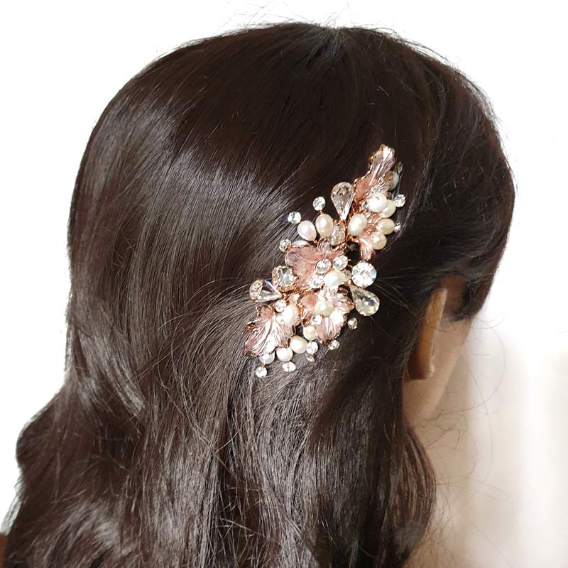 Rose gold pearl and crystal hair comb
